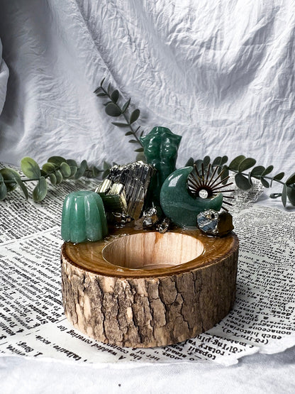 Wooden Tealight Holders for Ritual Balance | Crystal Moons, Towers & Sun Charms