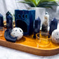 Blue Goldstone & Moonstone Crystal Altar | Detached Moon Phase Oil Burner, Double Tealight & Incense Holder