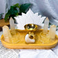 Moonwashed Offering | Selenite Altar with Lotus Tarot Holder, Double Tealight Holders and Gold Offering Bowl