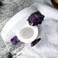 Intuition and Protection Mini Altar | White 3.5in Round with Amethyst Druzy, Amethyst Moon and Gold Sun
