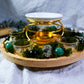 Green Fortune Altar | Abundance Crystal Altar | Pyrite, Moss Agate & Green Aventurine Lazy Susan Altar with Oil Warmer
