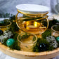 Green Fortune Altar | Abundance Crystal Altar | Pyrite, Moss Agate & Green Aventurine Lazy Susan Altar with Oil Warmer
