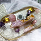Self Comfort | Rose Quartz, Pink Amethyst, Pink Opal and Amethyst Altar Tray with Double Tarot and Double Tealight Holders, Crystal Altar Decor