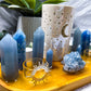 Blue Calcite, Angelite & Celestite Crystal Altar | Detached Oil Burner, Double Tealight & Double Chime Holder