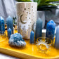 Blue Calcite, Angelite & Celestite Crystal Altar | Detached Oil Burner, Double Tealight & Double Chime Holder