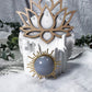 Calm and Connection Mini Altar | White 3.5in Round with Blue Chalcedony, Gold Sun, Lotus and Pearl Accents