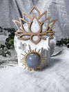 Calm and Connection Mini Altar | White 3.5in Round with Blue Chalcedony, Gold Sun, Lotus and Pearl Accents