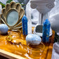 Blue Calcite & Clear Quartz Crystal Altar | 14x9 Double Oil Burner, 5 Tealight & Picture Frame Display
