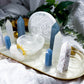 Angelic Guides | Selenite Altar Tray with Double Tealight and Double Tarot Holder, White Druzy and Angelite Crystal Decor, Detachable Selenite Bowl