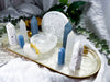 Angelic Guides | Selenite Altar Tray with Double Tealight and Double Tarot Holder, White Druzy and Angelite Crystal Decor, Detachable Selenite Bowl