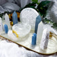 Angelic Guides | Selenite Altar Tray with Double Tealight and Double Tarot Holder, White Druzy and Angelite Crystal Decor, Detachable Selenite Bowl