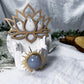 Calm and Connection Mini Altar | White 3.5in Round with Blue Chalcedony, Gold Sun, Lotus and Pearl Accents