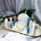 Angelic Guides | Selenite Altar Tray with Double Tealight and Double Tarot Holder, White Druzy and Angelite Crystal Decor, Detachable Selenite Bowl