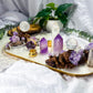 Transmutation Spell | Amethyst and Clear Quartz Altar Tray with Double Tealight and Tarot Holder, Crystal Decor, 10 Inch Spiritual Altar Piece
