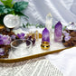 Transmutation Spell | Amethyst and Clear Quartz Altar Tray with Double Tealight and Tarot Holder, Crystal Decor, 10 Inch Spiritual Altar Piece
