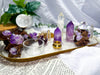 Transmutation Spell | Amethyst and Clear Quartz Altar Tray with Double Tealight and Tarot Holder, Crystal Decor, 10 Inch Spiritual Altar Piece
