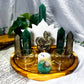 Serpent Fortune | Green Aventurine and Pyrite Tarot Altar with Snake, Double Tealight Holders and Chime Candle Holder
