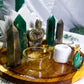 Serpent Fortune | Green Aventurine and Pyrite Tarot Altar with Snake, Double Tealight Holders and Chime Candle Holder