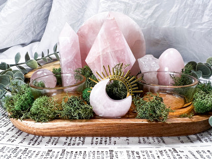 Rose Quartz Altar for Love and Healing | Wooden Mini Altar Set with Crystals, Tealights, and Gold Accents | Self Love and Heart Energy