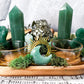 Green Aventurine and Pyrite Altar for Abundance and Growth | Wooden Mini Altar with Moss, Gold Accents, and Crystal Goddess