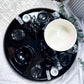 Black Ceramic Crystal Altar | Moonstone, Obsidian, Detached Offering Bowl, Double Tealight & Double Chime Holder