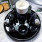 Black Ceramic Crystal Altar | Moonstone, Obsidian, Detached Offering Bowl, Double Tealight & Double Chime Holder