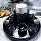 Black Ceramic Crystal Altar | Moonstone, Obsidian, Detached Offering Bowl, Double Tealight & Double Chime Holder