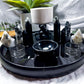 Black Ceramic Crystal Altar | Moonstone, Obsidian, Detached Offering Bowl, Double Tealight & Double Chime Holder