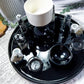 Black Ceramic Crystal Altar | Moonstone, Obsidian, Detached Offering Bowl, Double Tealight & Double Chime Holder