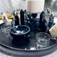 Black Ceramic Crystal Altar | Moonstone, Obsidian, Detached Offering Bowl, Double Tealight & Double Chime Holder