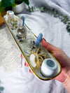 Celestial Clarity | Long Ceramic Tarot Altar with Double Tealight Holders, Double Chime Holders, Triple Tarot Display, Angelite and Clear Quartz