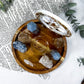 Healing & Clarity Acacia Altar Plate | Angelite & Clear Quartz with Blue Calcite, Sun Charm & Triple Moon Goddess Tile