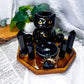 Night Watch | Obsidian Crystal Altar with Cat Oil Burner, Offering Bowl and Double Chime Holders