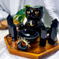 Night Watch | Obsidian Crystal Altar with Cat Oil Burner, Offering Bowl and Double Chime Holders
