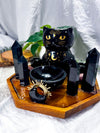 Night Watch | Obsidian Crystal Altar with Cat Oil Burner, Offering Bowl and Double Chime Holders