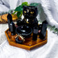 Night Watch | Obsidian Crystal Altar with Cat Oil Burner, Offering Bowl and Double Chime Holders