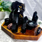 Night Watch | Obsidian Crystal Altar with Cat Oil Burner, Offering Bowl and Double Chime Holders