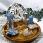 Healing & Clarity Acacia Altar Plate | Angelite & Clear Quartz with Blue Calcite, Sun Charm & Triple Moon Goddess Tile