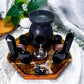 Veil Guard | Obsidian Tarot Altar with Triple Moon Oil Burner, Incense Holder and Double Chime Holders