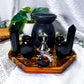 Veil Guard | Obsidian Tarot Altar with Triple Moon Oil Burner, Incense Holder and Double Chime Holders