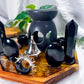 Veil Guard | Obsidian Tarot Altar with Triple Moon Oil Burner, Incense Holder and Double Chime Holders