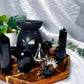 Veil Guard | Obsidian Tarot Altar with Triple Moon Oil Burner, Incense Holder and Double Chime Holders