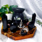 Veil Guard | Obsidian Tarot Altar with Triple Moon Oil Burner, Incense Holder and Double Chime Holders