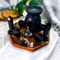 Veil Guard | Obsidian Tarot Altar with Triple Moon Oil Burner, Incense Holder and Double Chime Holders