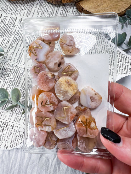 Crystal Rune Stones | Hand-Etched Divination Sets in Aventurine, Quartz, Flower Agate, Rose Quartz, Smoky Quartz, and Gold Amethyst Runes