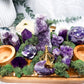 Amethyst Altar Tray | Acacia Wood with Tealight Holder, Incense Holder, Druzy Clusters, and Crystal Display