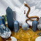 Calm & Clarity Bamboo Tray | Angelite & Celestite Altar with White Lotus, Gold Snake & Clear Quartz Moons