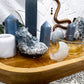 Calm & Clarity Bamboo Tray | Angelite & Celestite Altar with White Lotus, Gold Snake & Clear Quartz Moons