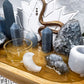 Calm & Clarity Bamboo Tray | Angelite & Celestite Altar with White Lotus, Gold Snake & Clear Quartz Moons