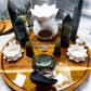 Labradorite Lotus Altar | Detachable Lotus Oil Burner, Lotus Tealight Holders, Flower Vases & Crystal Display